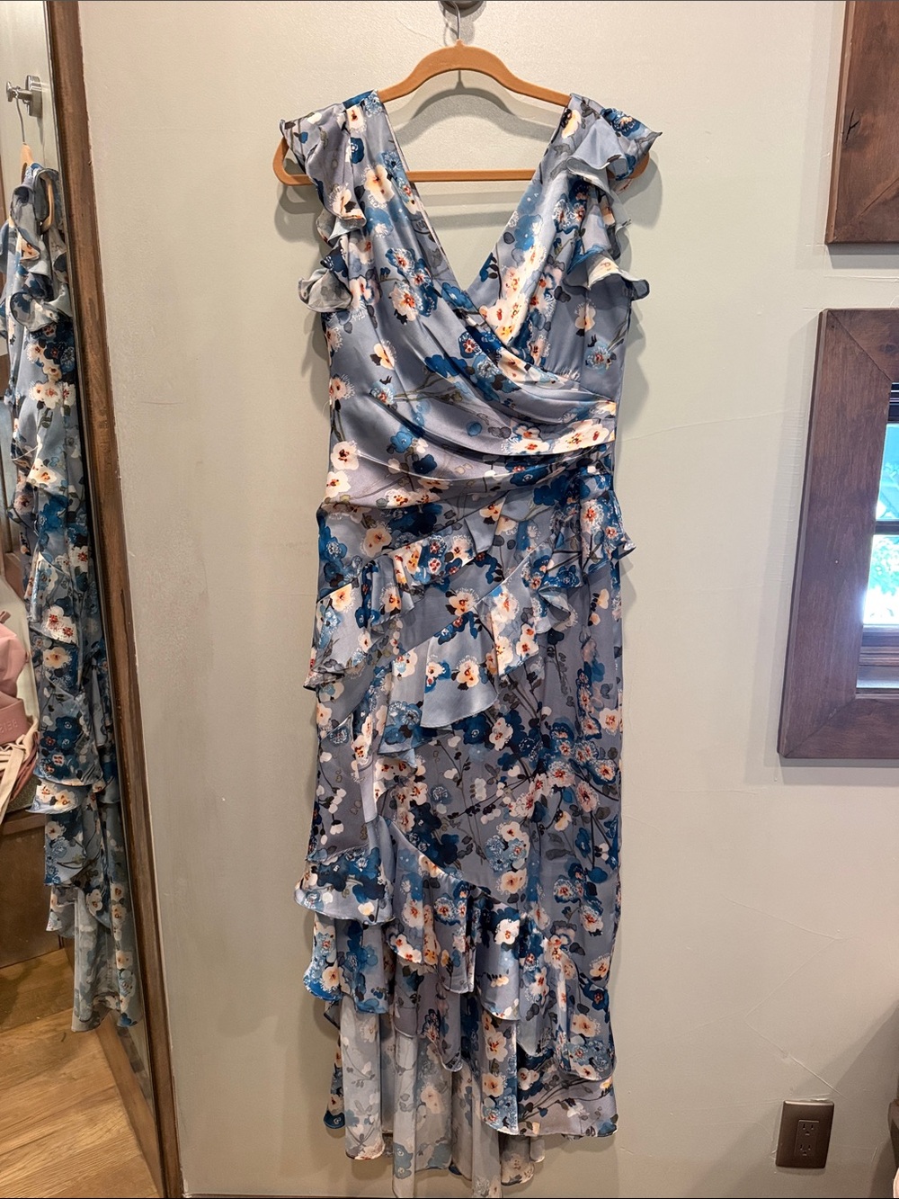 Theia Light Blue Floral High-Low Ruffle Dress